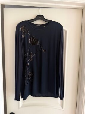 Elie Tahari Navy Long Sleeve Silk Top with Beaded Floral Accents